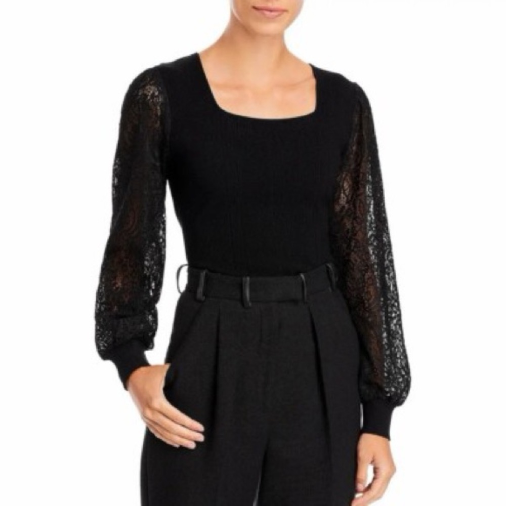 Sioni Women’s Lace Long Sleeve Square Neck Top - Black (Size M)